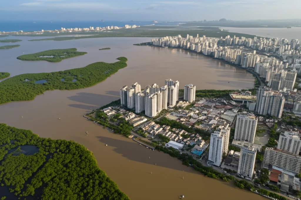 Veduta aerea di una laguna costiera tropicale a Rio de Janeiro (Laguna di Jacarepaguá), parzialmente circondata da aree urbane dense e vegetazione residua di mangrovie, acqua visibilmente torbida che suggerisce inquinamento, obiettivo grandangolare 15mm, luce del tardo pomeriggio che crea lunghe ombre, messa a fuoco nitida su tutta la scena, colori vividi ma con un'atmosfera leggermente cupa per sottolineare il degrado ambientale.