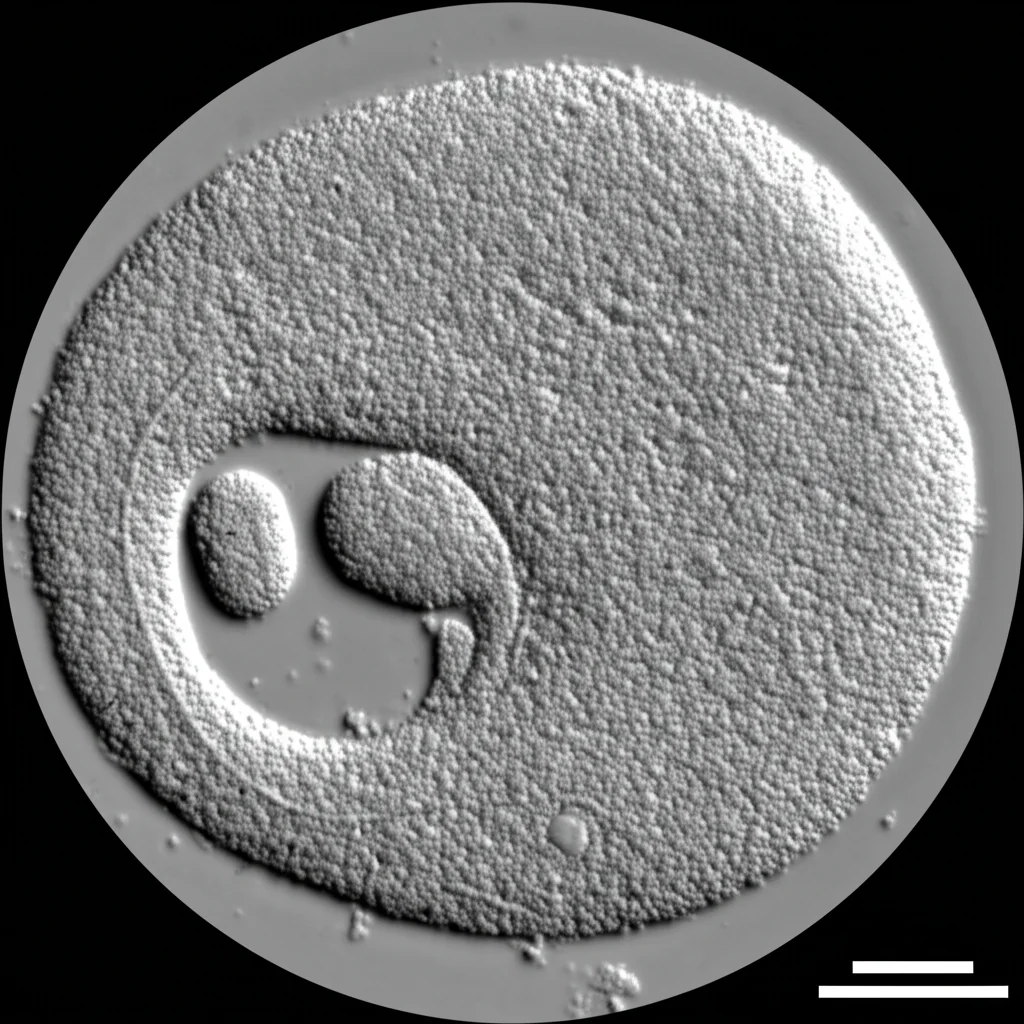 Visualizzazione microscopica di un embrione di topo nelle prime fasi di sviluppo, evidenziando la complessità cellulare e l'importanza dei fattori di sviluppo come Acin1. Macro lens, 80mm, high detail, controlled lighting, focus on cellular structures, sfondo scuro per contrasto.