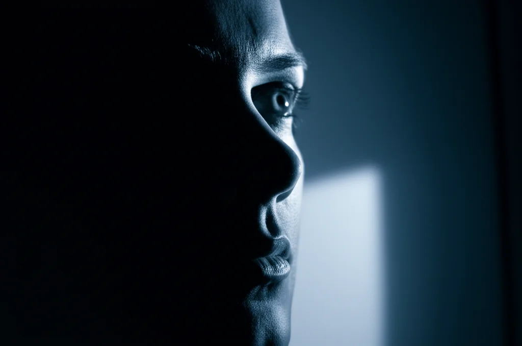 Fotografia di ritratto, lente da 35 mm, blu e grigio duotone, profondità di campo, la faccia di una persona parzialmente oscurata dall'ombra, guardando pensieroso verso un frammento di filtraggio della luce in una stanza fioca, che rappresenta le lotte nascoste dell'abuso sessuale infantile (CSA) e del disturbo da uso di oppiacei (oud) lungo la speranza di recupero e comprendendo gli impatti cognitivi.