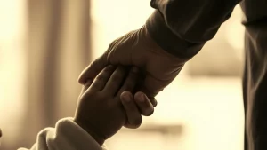 Fotografia di ritratto toccante, obiettivo 50mm, una mano adulta protettiva che accarezza delicatamente la piccola mano di un bambino. Lo sfondo è leggermente sfocato, suggerendo un ambiente sicuro ma con sfide implicite. Illuminazione morbida e calda, profondità di campo, bianco e nero con leggero viraggio seppia per un'atmosfera emotiva e senza tempo.