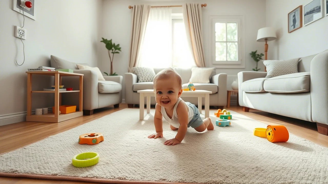 Fotografia grandangolare, obiettivo 18mm, di un soggiorno luminoso e ordinato, reso sicuro per un bambino piccolo. Si notano copri-prese, paraspigoli su un tavolino basso e giocattoli sicuri sparsi sul tappeto. Un bambino gattona felice al centro della stanza, illuminato dalla luce naturale che entra da una finestra. L'immagine evoca un senso di sicurezza e cura nell'ambiente domestico.