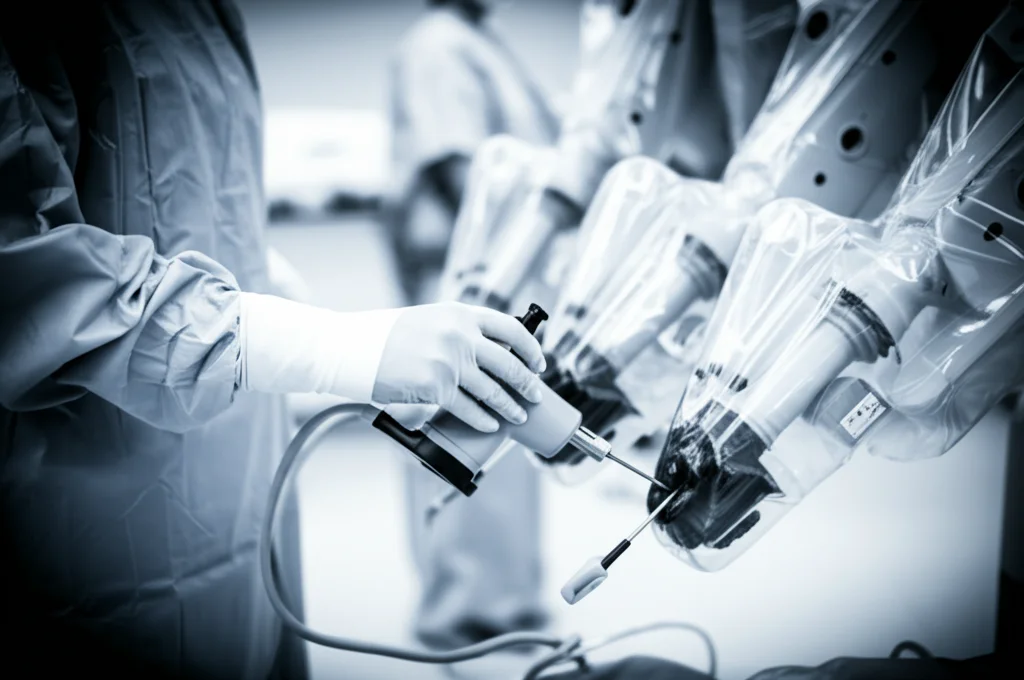 Fotografia ritratto (obiettivo 35mm) delle mani guantate di un chirurgo che manipolano con concentrazione i joystick della console di un robot chirurgico. Effetto Film Noir o duotone (blu e grigio) per enfatizzare la tecnologia e la precisione. Profondità di campo ridotta per sfocare lo sfondo e mantenere il focus sulle mani e sui controlli.