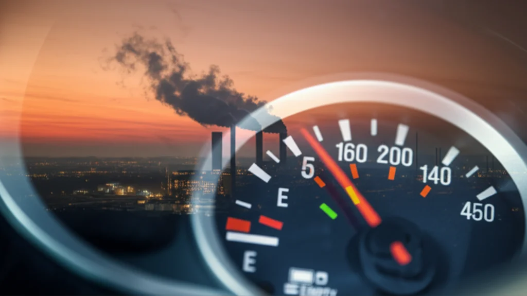 Indicatore di livello carburante analogico con la lancetta quasi sulla riserva ('E' di Empty), sovrapposto a una vista aerea di una centrale elettrica a carbone fumante al tramonto, con un cielo dai colori caldi ma leggermente inquinato. Fotografia realistica, obiettivo prime 35mm, profondità di campo che sfoca leggermente lo sfondo industriale, luce controllata, alta definizione.