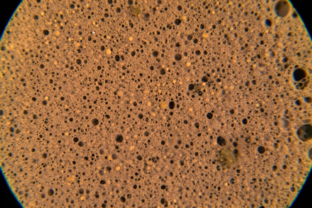 Primo piano di un campione di fango attivato prelevato da un impianto di trattamento acque, lente macro 90mm, alta definizione, illuminazione laterale controllata per evidenziare la texture flocculante e la complessità biologica del campione.