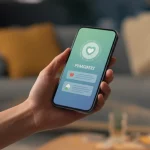 Primo piano di uno smartphone tenuto in mano, lo schermo mostra un'interfaccia utente accattivante di un'app per la salute mentale con grafici di progresso e messaggi motivazionali. Sfondo leggermente sfocato di un ambiente domestico confortevole. Fotografia di ritratto, obiettivo prime 50mm, profondità di campo, illuminazione calda e accogliente.
