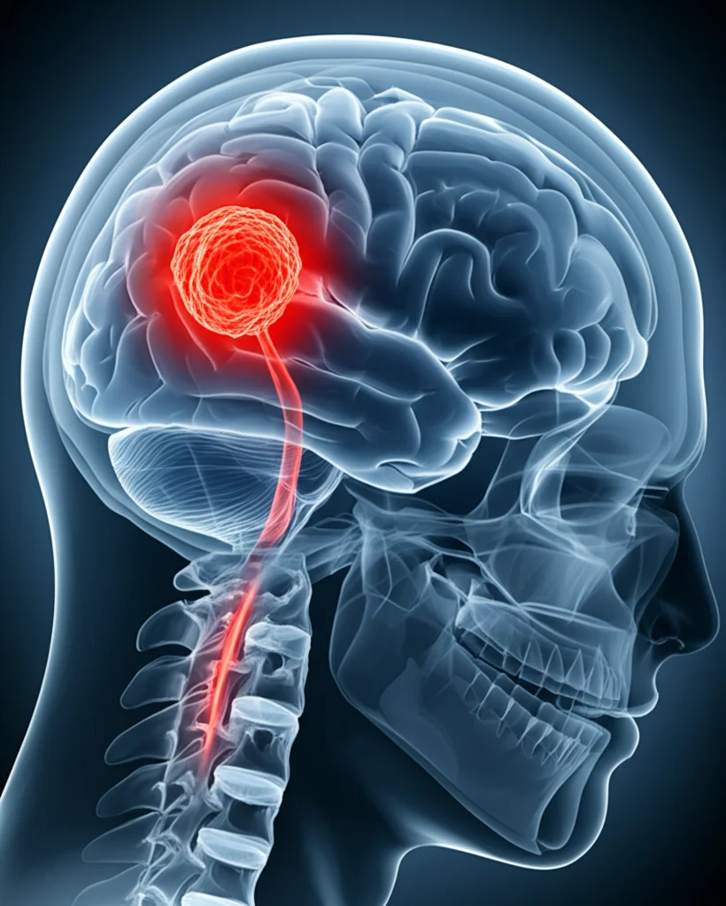 Visualizzazione concettuale fotorealistica di un tumore fibroso solitario intracranico (ISFT) nel cervello umano, con un percorso stilizzato che indica una metastasi precoce alla colonna vertebrale lombare. Illuminazione drammatica, profondità di campo, colori tenui, stile cinematografico medico.