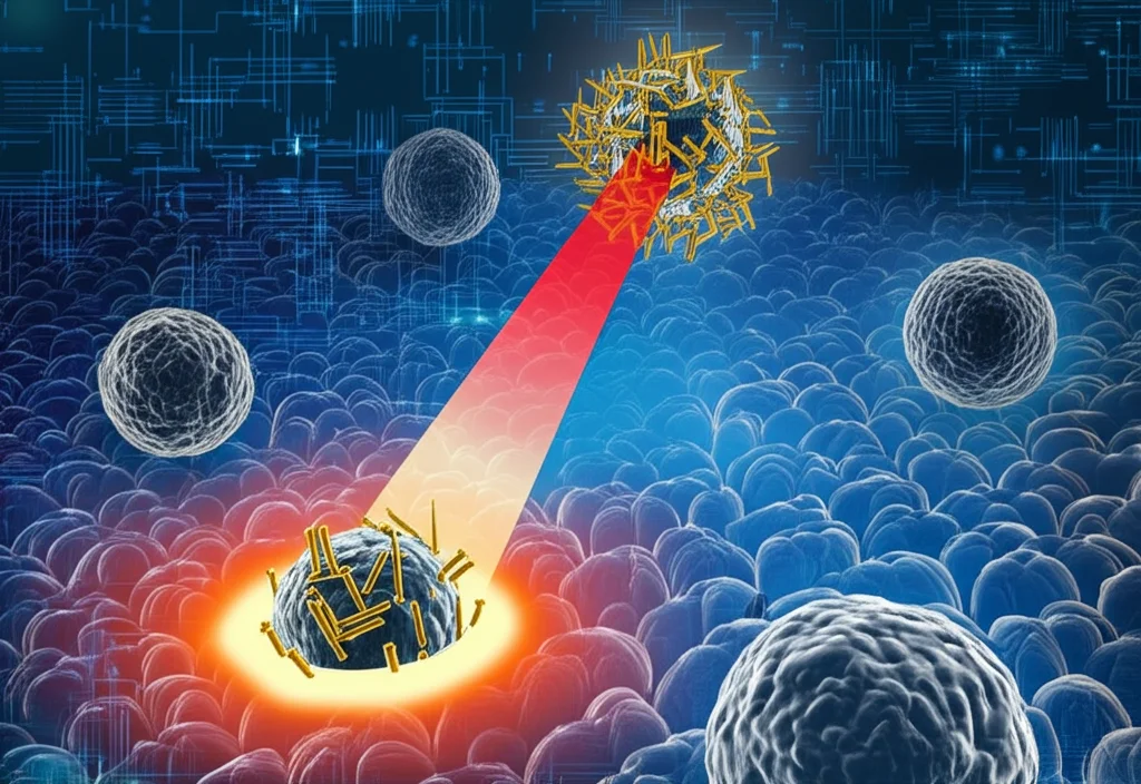 Illustrazione artistica e scientifica di nanocompositi MoAu (foglietti di MoS2 grigio scuro decorati con nanobastoncini d'oro brillanti) che interagiscono con cellule tumorali stilizzate, con un fascio di luce NIR rosso che li colpisce attivando un effetto termico visibile come un alone arancione/rosso attorno alle particelle. Sfondo astratto high-tech blu scuro.