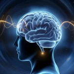 Illustrazione concettuale che collega il cervello umano, le onde del sonno REM (rappresentate come onde cerebrali dinamiche) e il sistema glinfatico (visualizzato come canali luminosi di pulizia). Simboleggia la connessione tra Parkinson, RBD e pulizia cerebrale. Wide-angle lens, 15mm, sharp focus, colori blu notte e oro, illuminazione suggestiva.