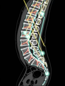 Immagine concettuale di una rete neurale Vision Transformer che analizza una scansione TAC della colonna lombare, wide-angle 10mm, con linee luminose che collegano diverse aree dell'immagine, simboleggiando l'analisi globale e l'attenzione ai dettagli ossei e discali per la diagnosi dell'ernia.