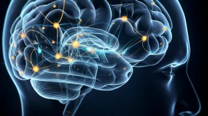 Immagine concettuale fotorealistica del cervello umano illuminato da connessioni luminose che rappresentano l'interazione tra neuroni e cellule immunitarie, obiettivo prime 35mm, profondità di campo, toni blu e oro duotone.