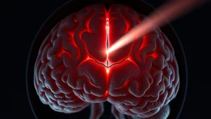 Immagine concettuale fotorealistica della scissura interemisferica del cervello vista dall'alto, illuminata da un fascio di luce obliquo che simboleggia l'approccio chirurgico SIOA. Si intravedono delicatamente le vene a ponte preservate. Obiettivo grandangolare 15mm, messa a fuoco nitida, profondità di campo, illuminazione suggestiva.