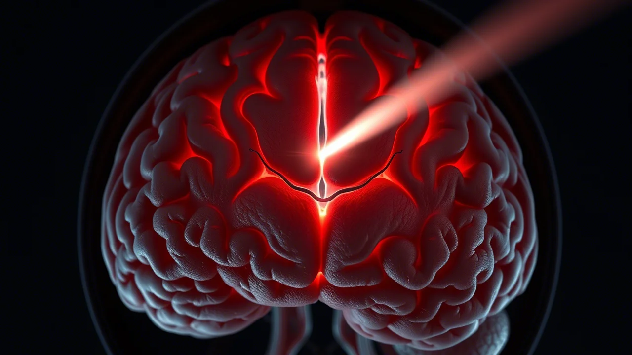 Immagine concettuale fotorealistica della scissura interemisferica del cervello vista dall'alto, illuminata da un fascio di luce obliquo che simboleggia l'approccio chirurgico SIOA. Si intravedono delicatamente le vene a ponte preservate. Obiettivo grandangolare 15mm, messa a fuoco nitida, profondità di campo, illuminazione suggestiva.