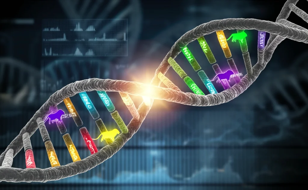 Immagine concettuale fotorealistica di una doppia elica di DNA batterico (Staphylococcus aureus) parzialmente aperta, in cui si inseriscono frammenti luminosi etichettati 'Equus caballus' e 'Mus musculus', simboleggiando la contaminazione del genoma. Sfondo scuro e high-tech con grafici di sequenziamento sfocati. Lente macro 90mm, alta definizione, illuminazione controllata.