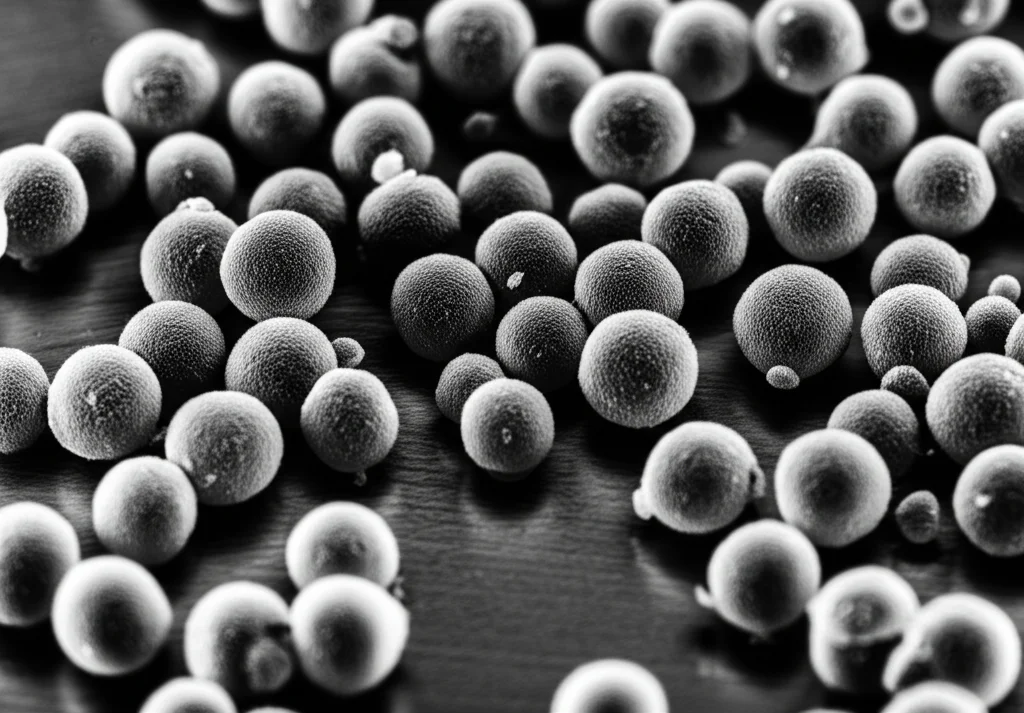 Immagine macro ad altissima risoluzione di particelle sferiche di catalizzatore BSCF su una superficie metallica lucida, illuminazione laterale controllata e drammatica per enfatizzare la tridimensionalità e la texture fine delle particelle, obiettivo macro 105mm, messa a fuoco precisa e selettiva, alta definizione.