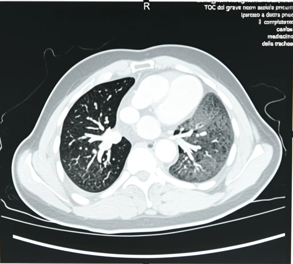 Immagine radiografica TC del torace in sezione assiale che mostra un grave pneumotorace iperteso a destra, con il polmone destro completamente collassato contro l'ilo e una marcata deviazione del mediastino e della trachea verso sinistra. Immagine medica diagnostica, alta definizione, visualizzata su schermo luminoso.