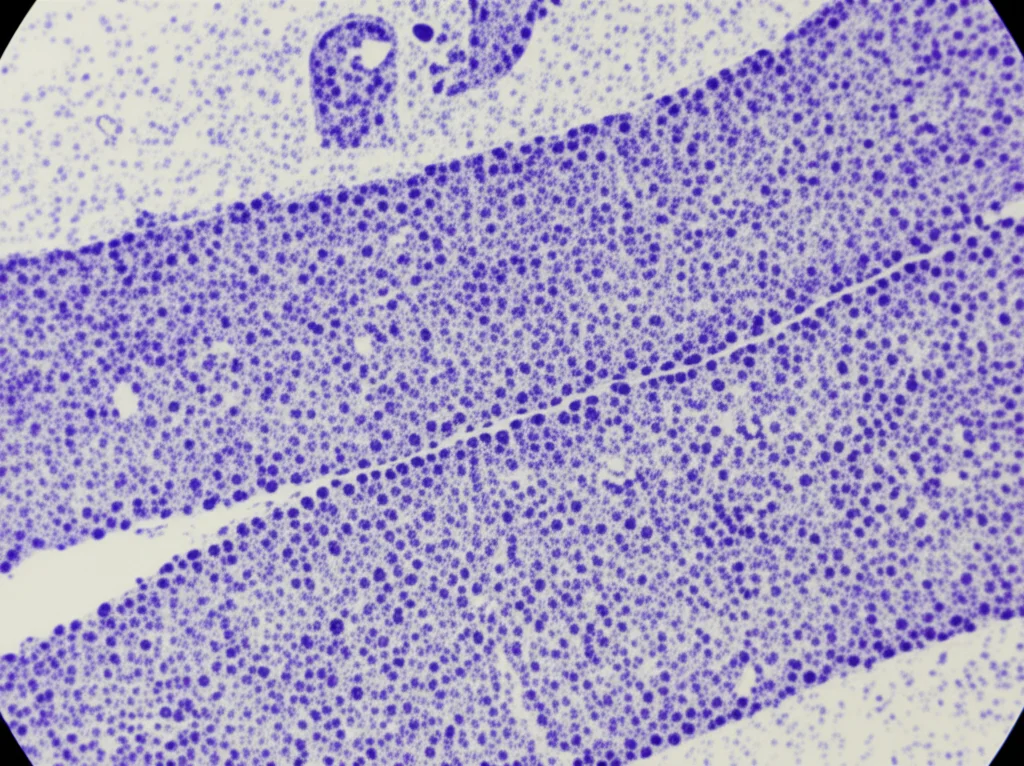 Microscopia elettronica a trasmissione (TEM) di un glomerulo renale, obiettivo macro 105mm, alta definizione, illuminazione precisa, che evidenzia la struttura dei podociti e la fusione dei processi podocitari (FPE) in un paziente con Nefropatia da IgA.