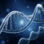 Primo piano di una doppia elica di DNA stilizzata su sfondo blu scuro, illuminazione drammatica, macro lens 100mm, high detail, a simboleggiare la ricerca genetica sulla variante Mmalton dell'AATD.