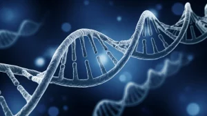 Primo piano di una doppia elica di DNA stilizzata su sfondo blu scuro, illuminazione drammatica, macro lens 100mm, high detail, a simboleggiare la ricerca genetica sulla variante Mmalton dell'AATD.