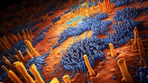 Visualizzazione 3D fotorealistica della microstruttura della cornea umana affetta da Distrofia di Fuchs, obiettivo macro 90mm, alta definizione, illuminazione drammatica laterale, che evidenzia le caratteristiche guttae come protrusioni sulla membrana di Descemet e l'accumulo disorganizzato di filamenti proteici della matrice extracellulare (ECM) tra le cellule endoteliali sofferenti.