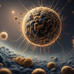 Visualizzazione artistica e fotorealistica del trasferimento genico orizzontale tra un antico virus gigante (Nucleocytoviricota) e una cellula proto-eucariotica prima di LECA, obiettivo prime 35mm, profondità di campo ridotta per focalizzare sull'interazione, toni duotone blu e oro per un'atmosfera antica e misteriosa.
