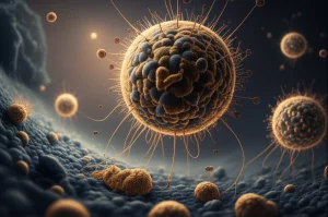 Visualizzazione artistica e fotorealistica del trasferimento genico orizzontale tra un antico virus gigante (Nucleocytoviricota) e una cellula proto-eucariotica prima di LECA, obiettivo prime 35mm, profondità di campo ridotta per focalizzare sull'interazione, toni duotone blu e oro per un'atmosfera antica e misteriosa.