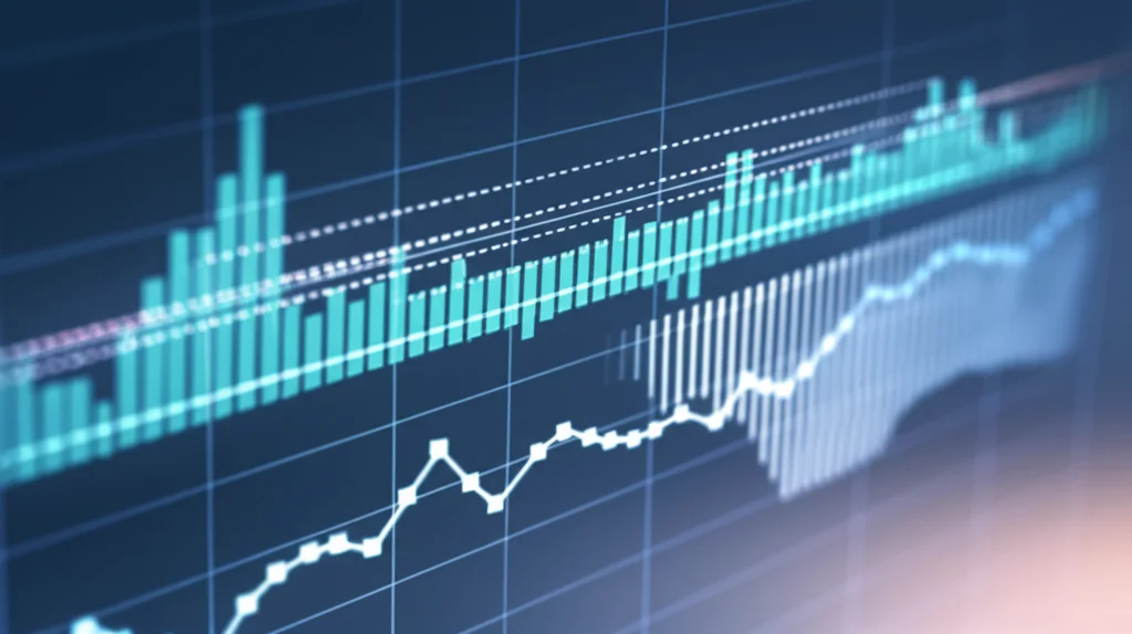 Visualizzazione astratta di dati di serie temporali fluttuanti su uno sfondo high-tech sfocato, simboleggiando la previsione in terapia intensiva neonatale. Illuminazione controllata, focus nitido sui picchi dei dati, stile fotorealistico.