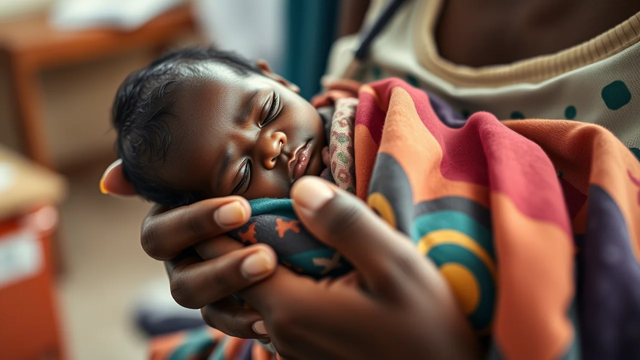 Fotografia toccante di un neonato ghanese di basso peso alla nascita, avvolto in una coperta colorata, tenuto amorevolmente dalle mani della madre all'interno di una struttura sanitaria. Obiettivo 35mm, luce naturale soffusa, profondità di campo che isola madre e figlio, duotono seppia e blu per un effetto emotivo.