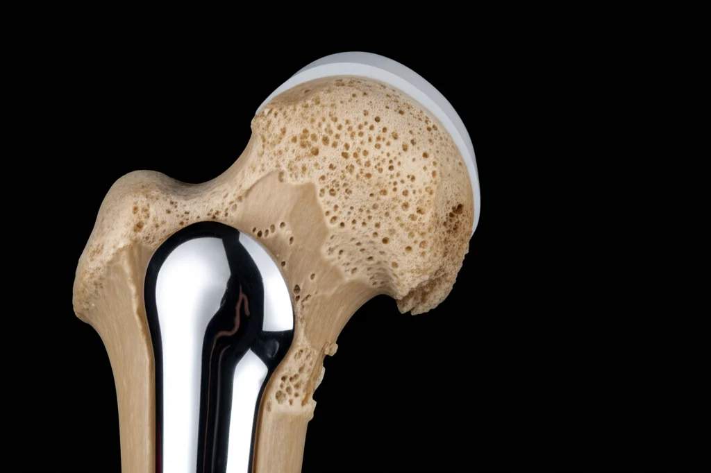 Immagine fotorealistica che mostra in primo piano una sezione di osso femorale con evidenti segni di porosità tipici dell'osteoporosi, posizionata accanto a un impianto di protesi d'anca metallica lucida. Macro lens, 80mm, alta definizione per catturare i dettagli della struttura ossea trabecolare indebolita e la superficie liscia dell'impianto. Illuminazione laterale controllata per creare ombre che enfatizzino la texture porosa dell'osso e il contrasto con il metallo.