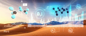 Immagine fotorealistica del Deserto Orientale egiziano all'alba, con dune sabbiose e montagne rocciose sullo sfondo. In primo piano, una rappresentazione stilizzata di molecole d'acqua con isotopi evidenziati e grafici di machine learning sovrapposti in modo traslucido. Obiettivo grandangolare 15mm, lunga esposizione per cielo suggestivo, messa a fuoco nitida sul paesaggio e sugli elementi grafici, luce calda dell'alba.