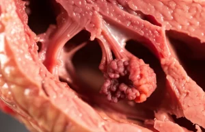 Immagine fotorealistica di un cuore umano in sezione trasversale che mostra un tumore benigno (mixoma cardiaco) con insolite caratteristiche ghiandolari all'interno dell'atrio sinistro. Lo stile è quello di un'illustrazione medica ad alta definizione, con messa a fuoco precisa e illuminazione controllata, obiettivo macro 70mm.