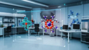 Immagine fotorealistica di una simulazione quantistica avanzata che mostra gli orbitali molecolari HOMO e LUMO del cromoforo organico SPF3 per applicazioni fotovoltaiche, visualizzata su uno schermo high-tech trasparente in un laboratorio di chimica computazionale moderno e luminoso, obiettivo prime 35mm, profondità di campo ridotta, illuminazione soffusa high-tech.