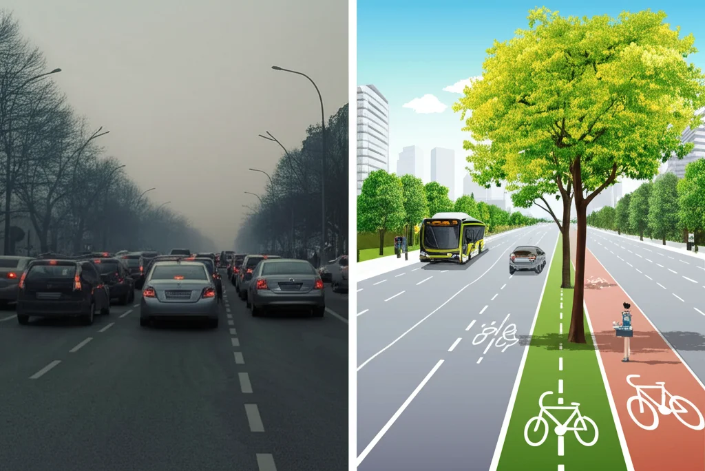 Immagine fotorealistica divisa verticalmente: a sinistra, una strada cittadina congestionata dal traffico sotto un cielo grigio invernale, con una leggera foschia da inquinamento (toni freddi, grigi/blu). A destra, la visione di un futuro desiderabile: la stessa strada trasformata in un viale alberato con pista ciclabile, persone che camminano, pochi veicoli elettrici o autobus, cielo sereno (toni caldi, verdi/azzurri). Obiettivo grandangolare 24mm, composizione a contrasto, messa a fuoco nitida su entrambi i lati.