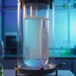 La rappresentazione fotorealistica della luce solare che entra in un laboratorio futuristico, illuminando un reattore di vetro in cui l'etere di metil-butil-etere si trasforma in etilenglicole e bolle di idrogeno, simboleggia la chimica verde, lenti prime, 50 mm, profondità di campo, illuminazione pulita.