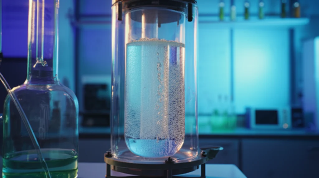 La rappresentazione fotorealistica della luce solare che entra in un laboratorio futuristico, illuminando un reattore di vetro in cui l'etere di metil-butil-etere si trasforma in etilenglicole e bolle di idrogeno, simboleggia la chimica verde, lenti prime, 50 mm, profondità di campo, illuminazione pulita.