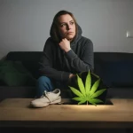 Una persona seduta su un divano che guarda pensierosa una scarpa da ginnastica e una foglia di cannabis stilizzata, illuminazione d'atmosfera, obiettivo 35mm, profondità di campo, colori leggermente desaturati.