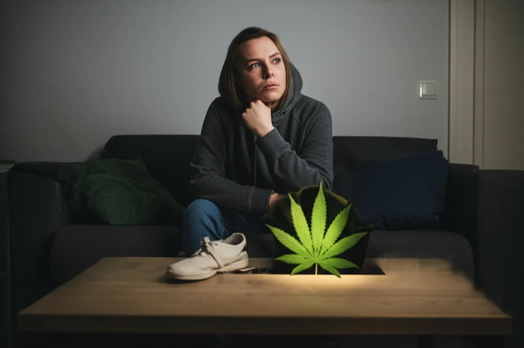 Una persona seduta su un divano che guarda pensierosa una scarpa da ginnastica e una foglia di cannabis stilizzata, illuminazione d'atmosfera, obiettivo 35mm, profondità di campo, colori leggermente desaturati.