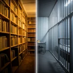 Una vecchia biblioteca accademica con scaffali pieni di libri di legge da un lato, e una moderna cella di prigione stilizzata dall'altro, divisi da una linea luminosa sottile. Illuminazione drammatica, contrasto tra caldo (biblioteca) e freddo (cella). Obiettivo grandangolare 24mm, sharp focus su entrambi gli elementi, simboleggiando la connessione e la distanza tra teoria e pratica penale.
