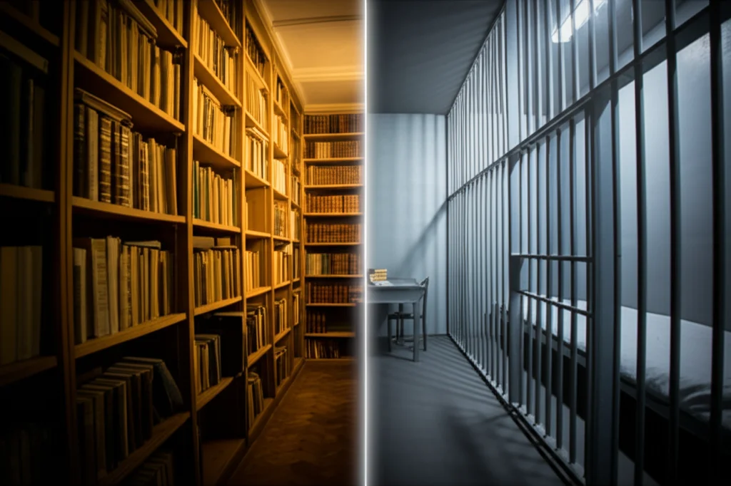 Una vecchia biblioteca accademica con scaffali pieni di libri di legge da un lato, e una moderna cella di prigione stilizzata dall'altro, divisi da una linea luminosa sottile. Illuminazione drammatica, contrasto tra caldo (biblioteca) e freddo (cella). Obiettivo grandangolare 24mm, sharp focus su entrambi gli elementi, simboleggiando la connessione e la distanza tra teoria e pratica penale.