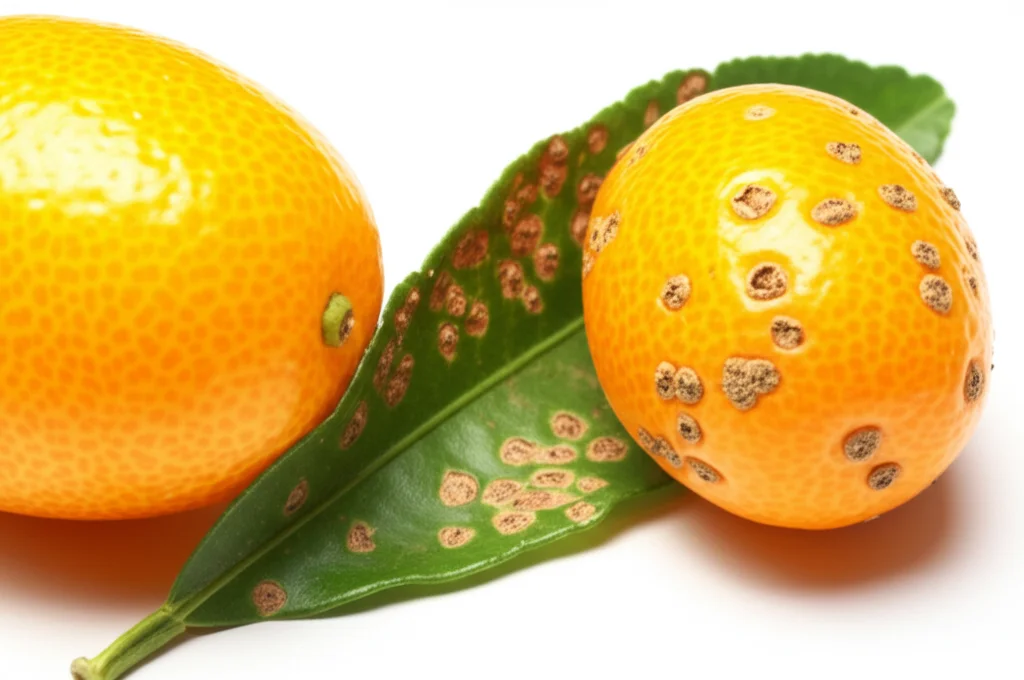 Fotografia macro di un frutto di kumquat sano e lucido accanto a una foglia di agrume gravemente colpita dal cancro batterico (Xanthomonas citri), con lesioni sugherose evidenti, evidenziando il forte contrasto tra resistenza e suscettibilità. Obiettivo macro 90mm, alta definizione dei dettagli, luce naturale laterale morbida per enfatizzare la texture sia del frutto sano che delle lesioni.