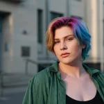 Fotografia ritratto, 50mm, una persona non-binary con capelli colorati guarda con espressione mista di preoccupazione e determinazione verso l'osservatore, in piedi all'esterno di un edificio dall'aspetto istituzionale (consultorio/ambulatorio). Profondità di campo che sfoca leggermente lo sfondo, luce naturale pomeridiana.