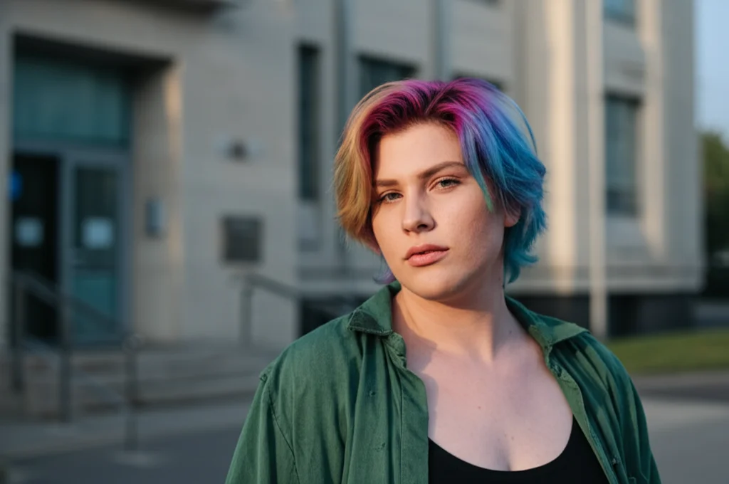 Fotografia ritratto, 50mm, una persona non-binary con capelli colorati guarda con espressione mista di preoccupazione e determinazione verso l'osservatore, in piedi all'esterno di un edificio dall'aspetto istituzionale (consultorio/ambulatorio). Profondità di campo che sfoca leggermente lo sfondo, luce naturale pomeridiana.