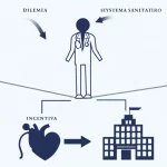 Immagine concettuale che rappresenta il dilemma del doppio agente: una figura stilizzata di un medico in equilibrio su una corda tesa tra un simbolo del paziente (cuore) e un simbolo del sistema sanitario (edificio istituzionale), con frecce che indicano incentivi economici e di sforzo. Obiettivo 35mm, duotone blu e grigio per un look serio ma chiaro.