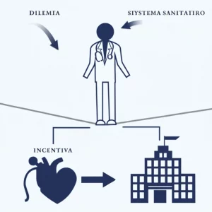 Immagine concettuale che rappresenta il dilemma del doppio agente: una figura stilizzata di un medico in equilibrio su una corda tesa tra un simbolo del paziente (cuore) e un simbolo del sistema sanitario (edificio istituzionale), con frecce che indicano incentivi economici e di sforzo. Obiettivo 35mm, duotone blu e grigio per un look serio ma chiaro.