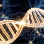 Immagine fotorealistica concettuale: Un filamento di DNA luminoso si intreccia con pattern di reti neurali digitali astratte che rappresentano l'analisi AI, obiettivo prime 35mm, profondità di campo, duotono drammatico blu e oro, a simboleggiare la fusione tra biologia e machine learning.