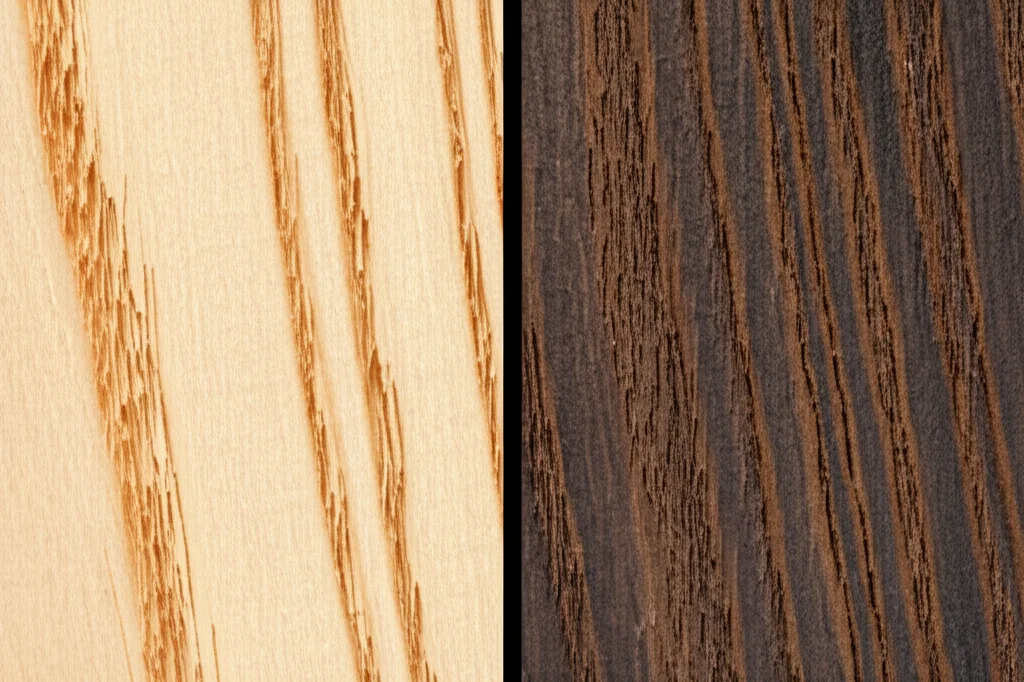 Macro photography, 105mm lens, immagine divisa che mostra la texture superficiale del legno di faggio non modificato (più chiaro, leggermente peloso) rispetto al legno di faggio termotrattato (più scuro, più liscio) dopo levigatura con grana P100, high detail, precise focusing, controlled lighting.