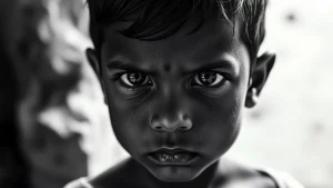 Primo piano intenso di un bambino del Bangladesh sotto i cinque anni, sguardo diretto verso la camera, espressione seria ma resiliente. Fotografia ritrattistica, obiettivo 50mm, luce naturale filtrata, profondità di campo che isola il soggetto, bianco e nero con alto contrasto, stile film noir per sottolineare la gravità del tema malnutrizione.