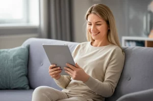 Ritratto fotografico di una donna sorridente sui 35 anni seduta comodamente su un divano, mentre utilizza un tablet per monitorare la sua salute con l'app CANKADO, luce naturale morbida, 35mm, profondità di campo che sfoca leggermente lo sfondo.