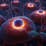 Visualizzazione artistica fotorealistica di cellule di Leucemia Mieloide Acuta (LMA) che interagiscono con farmaci chemioterapici, con focus su mitocondri incandescenti e filamenti di DNA in riparazione, obiettivo macro 90mm, alta definizione, illuminazione controllata drammatica, rappresentazione della resistenza cellulare.