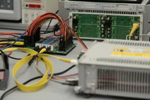 Banco di prova sperimentale per motore DC con scheda controller dSPACE DS1104 visibile, cavi collegati, focus sull'hardware di controllo avanzato, illuminazione da laboratorio chiara e definita, obiettivo macro 60mm, alta definizione dei componenti elettronici.