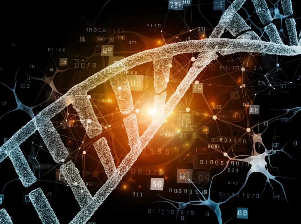 Concetto artistico che fonde una doppia elica di RNA stilizzata con circuiti digitali luminosi e un grafo di rete neurale, simboleggiando l'intersezione tra biologia molecolare e intelligenza artificiale, illuminazione cinematografica, obiettivo 50mm prime, alta definizione.